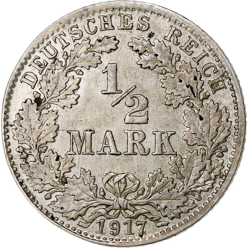 GERMANY - EMPIRE, 1/2 Mark, 1917, Munich, Silver, AU(55-58), KM:17