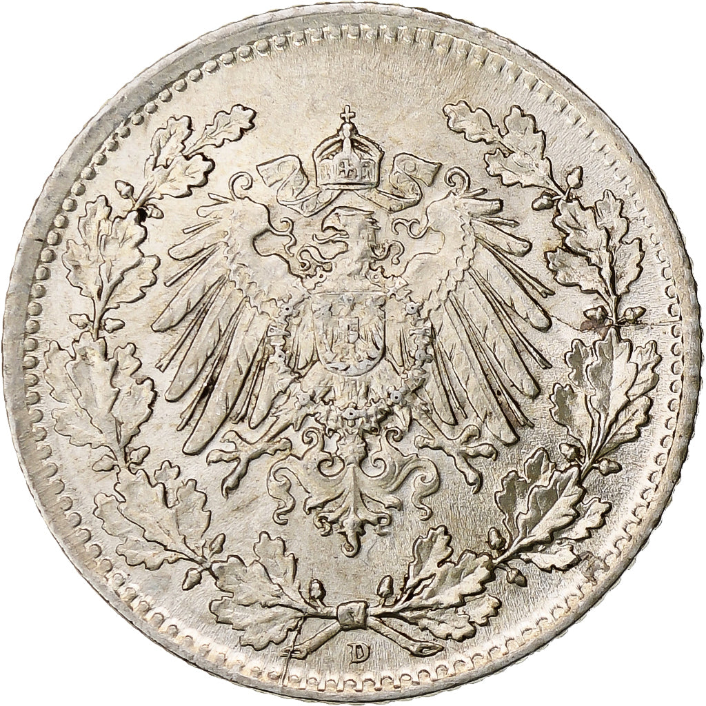 GERMANY - EMPIRE, 1/2 Mark, 1917, Munich, Silver, MS(60-62), KM:17