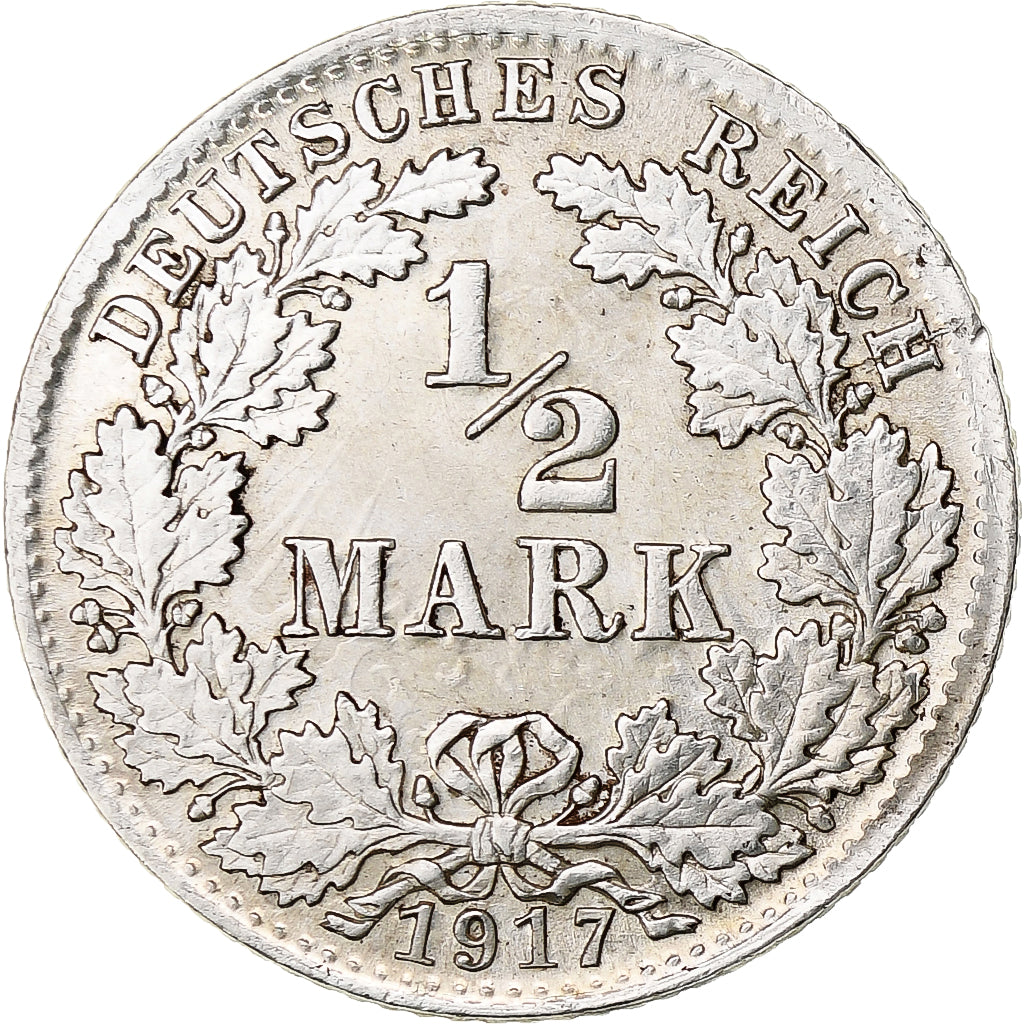 GERMANY - EMPIRE, 1/2 Mark, 1917, Munich, Silver, MS(60-62), KM:17