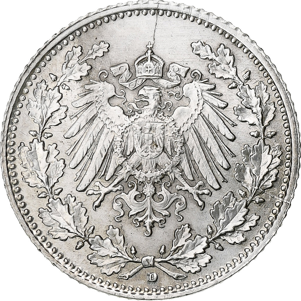 GERMANY - EMPIRE, 1/2 Mark, 1918, Munich, Silver, AU(55-58), KM:17