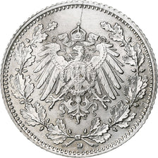 GERMANY - EMPIRE, 1/2 Mark, 1918, Munich, Silver, AU(55-58), KM:17