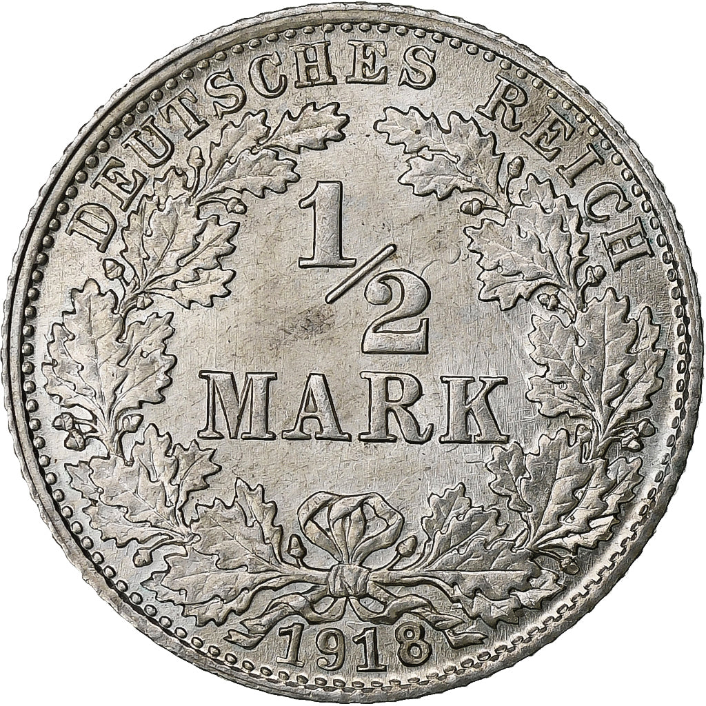 GERMANY - EMPIRE, 1/2 Mark, 1918, Munich, Silver, AU(55-58), KM:17