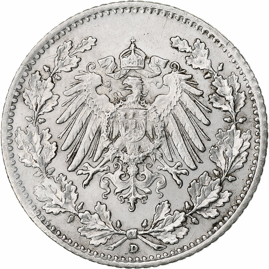 GERMANY - EMPIRE, 1/2 Mark, 1918, Munich, Silver, AU(55-58), KM:17