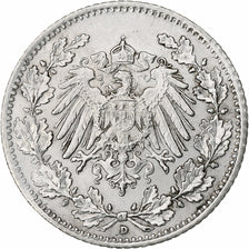 GERMANY - EMPIRE, 1/2 Mark, 1918, Munich, Silver, AU(55-58), KM:17
