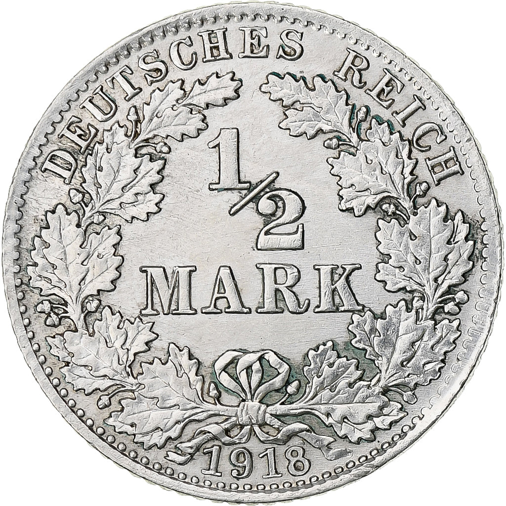 GERMANY - EMPIRE, 1/2 Mark, 1918, Munich, Silver, AU(55-58), KM:17