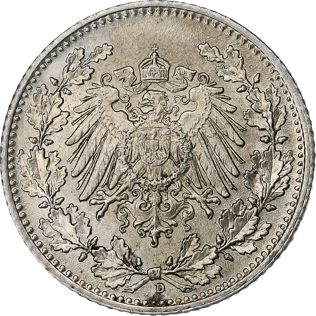 GERMANY - EMPIRE, 1/2 Mark, 1918, Munich, Silver, AU(55-58), KM:17