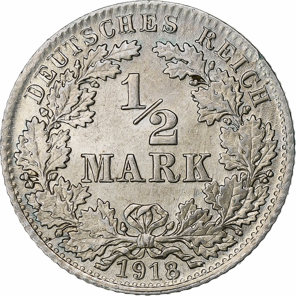GERMANY - EMPIRE, 1/2 Mark, 1918, Munich, Silver, AU(55-58), KM:17