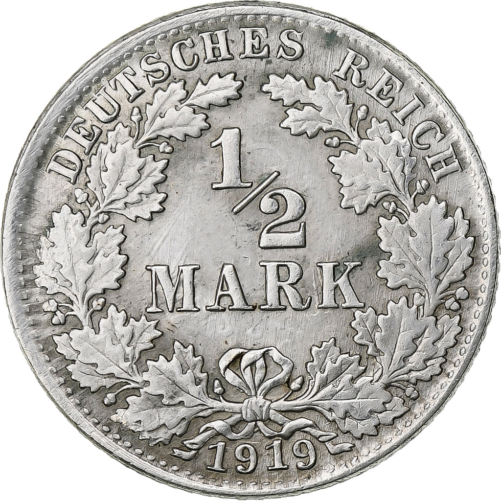 Coin, GERMANY - EMPIRE, 1/2 Mark, 1919, Munich, EF(40-45), Silver, KM:17