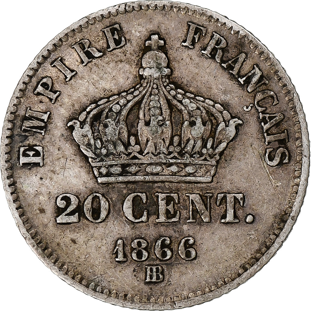 Moneta, Francia, Napoleon III, Napoléon III, 20 Centimes, 1866, Strasbourg, BB