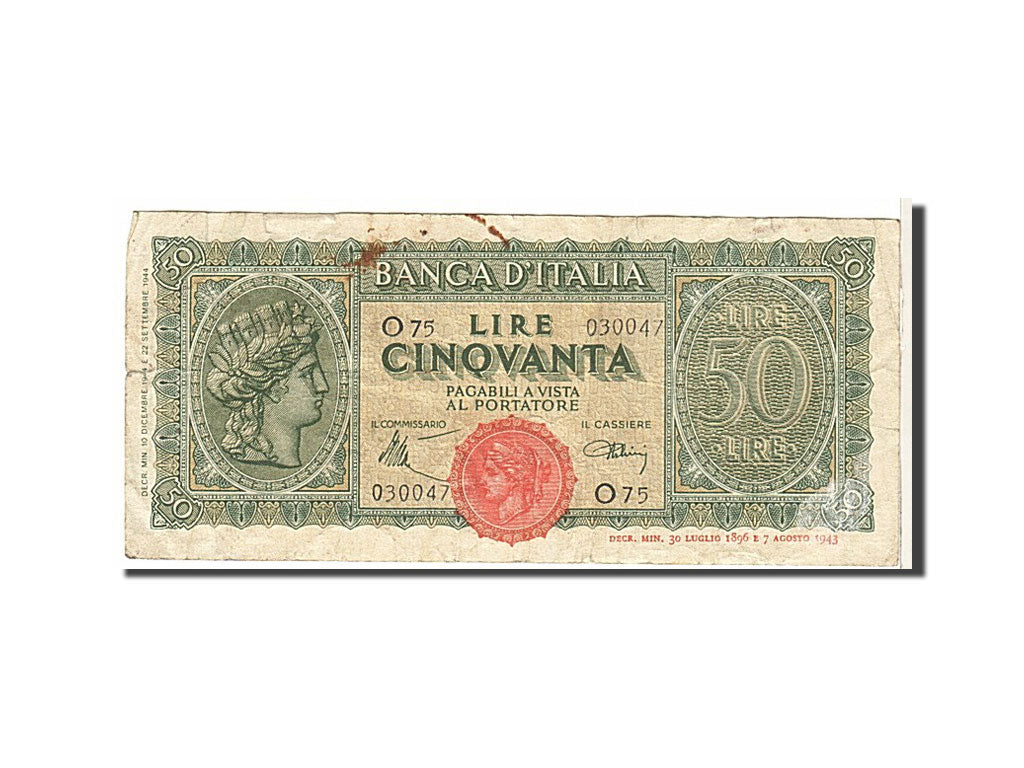 Italy, 50 Lire, 1944, KM #74a, VG(8-10), 030047O75