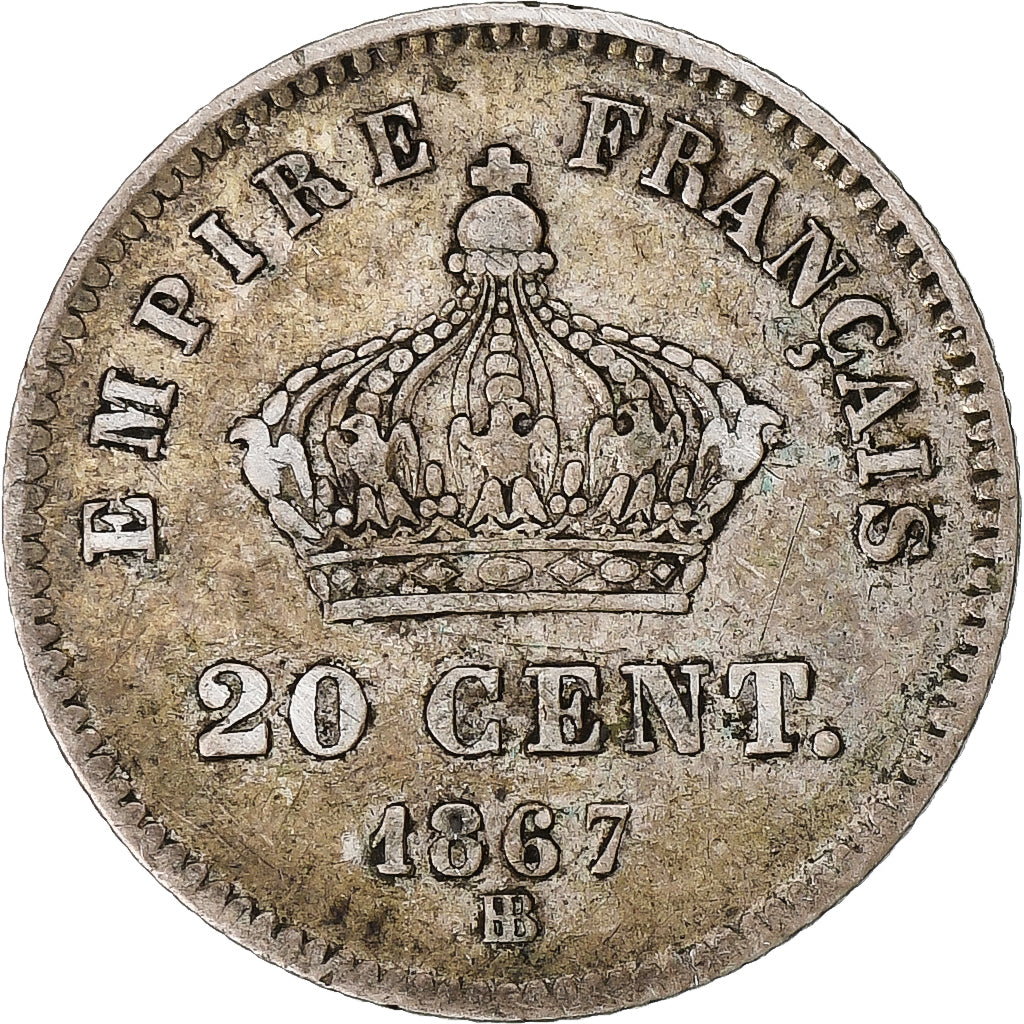 France, Napoleon III, 20 Centimes, Napoléon III, 1867, Strasbourg, Silver