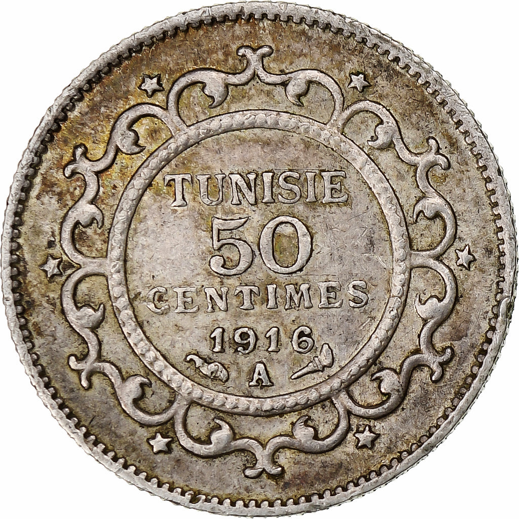 Coin, Tunisia, Muhammad al-Nasir Bey, 50 Centimes, 1916, Paris, AU(55-58)
