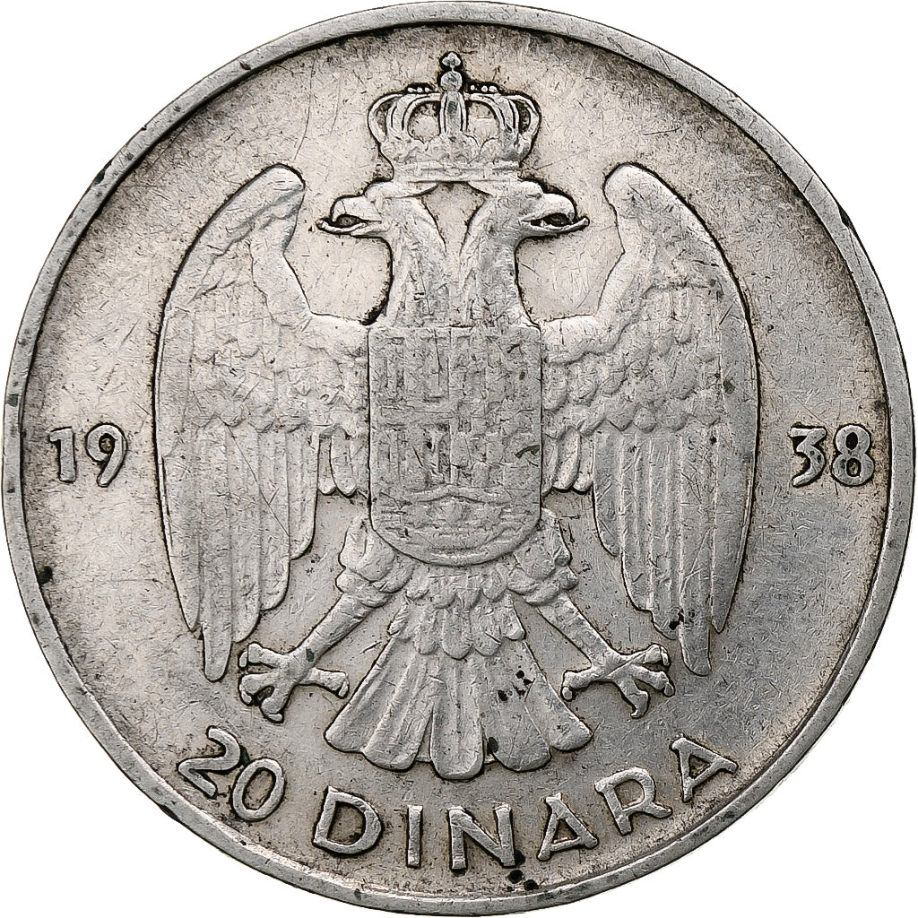 Yugoslavia, Petar II, 20 Dinara, 1938, Silver, EF(40-45), KM:23