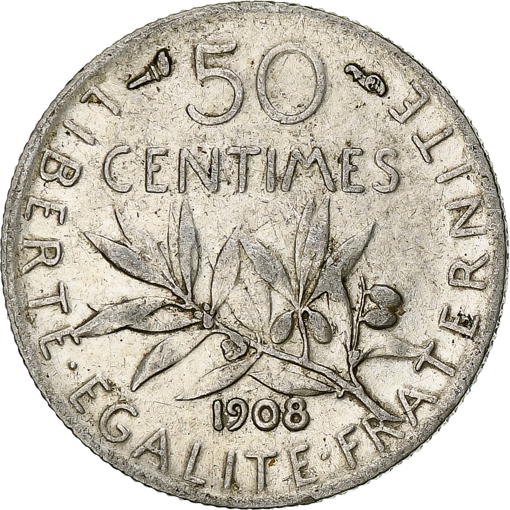 France, Semeuse, 50 Centimes, 1908, Paris, AU(50-53), Silver, KM:854,Gadoury 420
