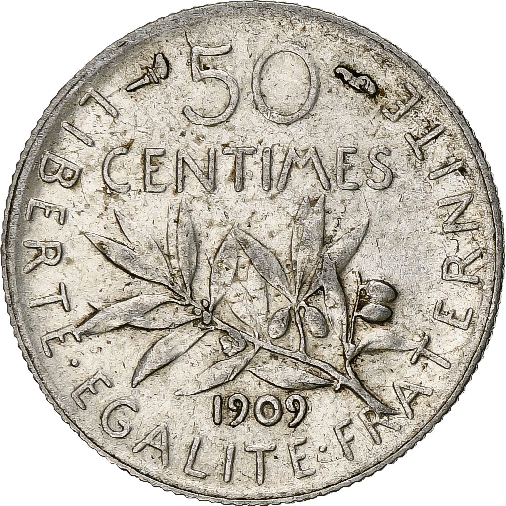 Munten, Frankrijk, Semeuse, 50 Centimes, 1909, Paris, ZF+, Zilver, KM:854