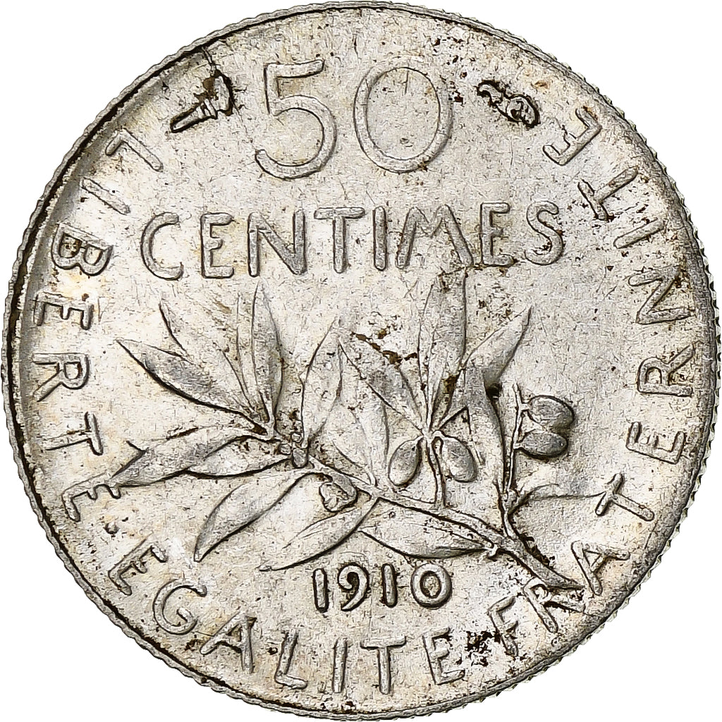 Francia, 50 Centimes, Semeuse, 1910, Paris, Plata, MBC+, Gadoury:420, KM:854