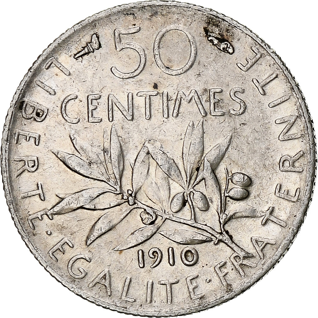 Francia, 50 Centimes, Semeuse, 1910, Paris, Plata, MBC+, Gadoury:420, KM:854