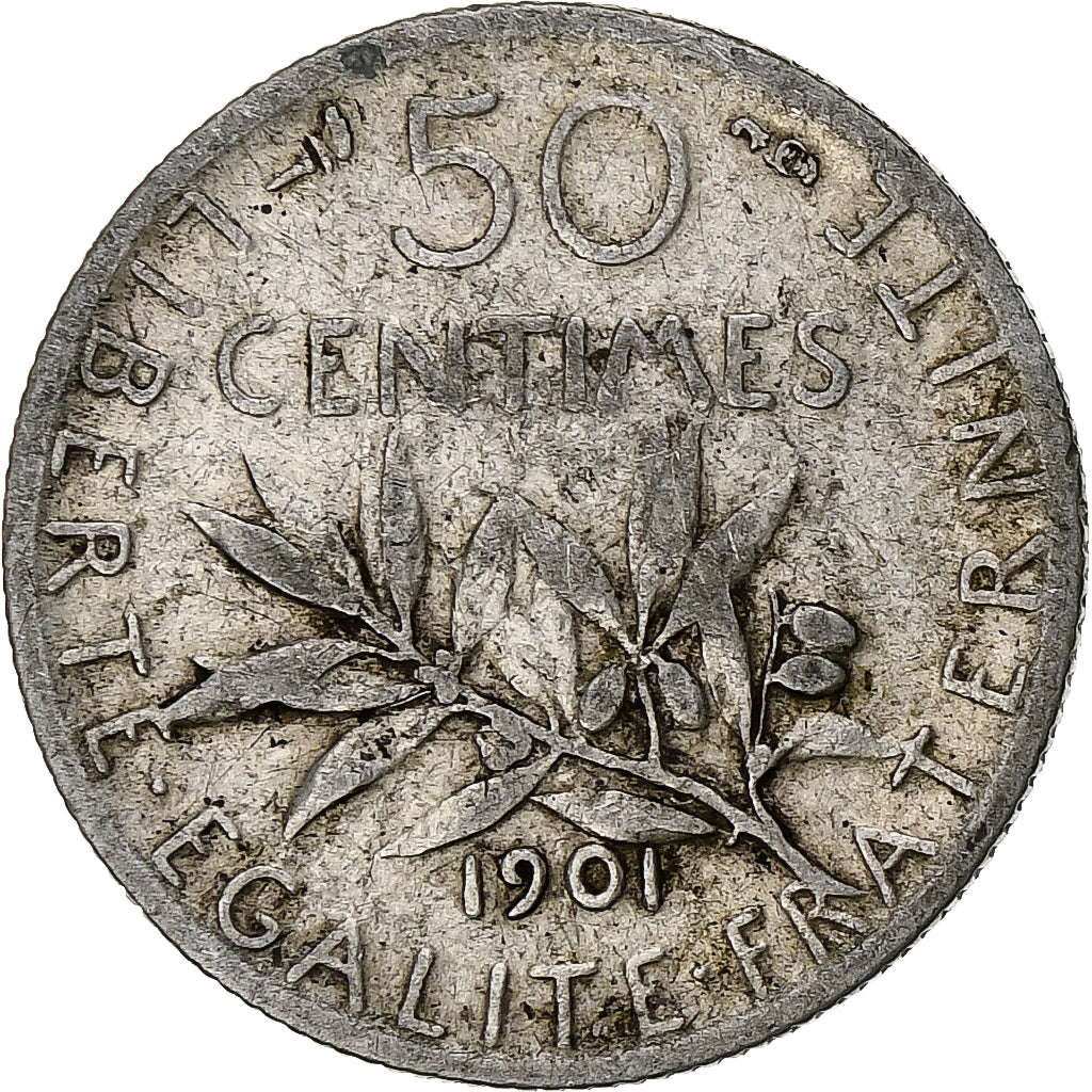 Moneda, Francia, Semeuse, 50 Centimes, 1901, Paris, BC+, Plata, KM:854