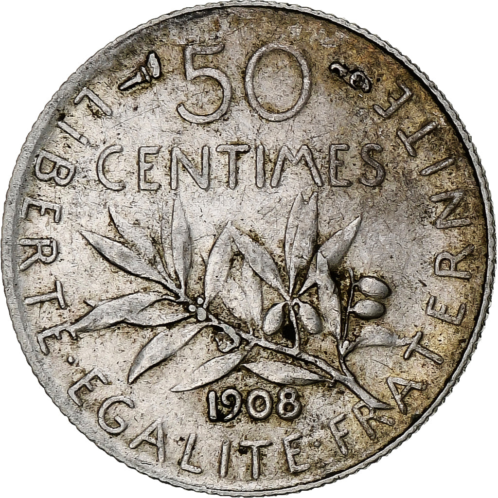 Moneda, Francia, Semeuse, 50 Centimes, 1908, Paris, BC+, Plata, KM:854