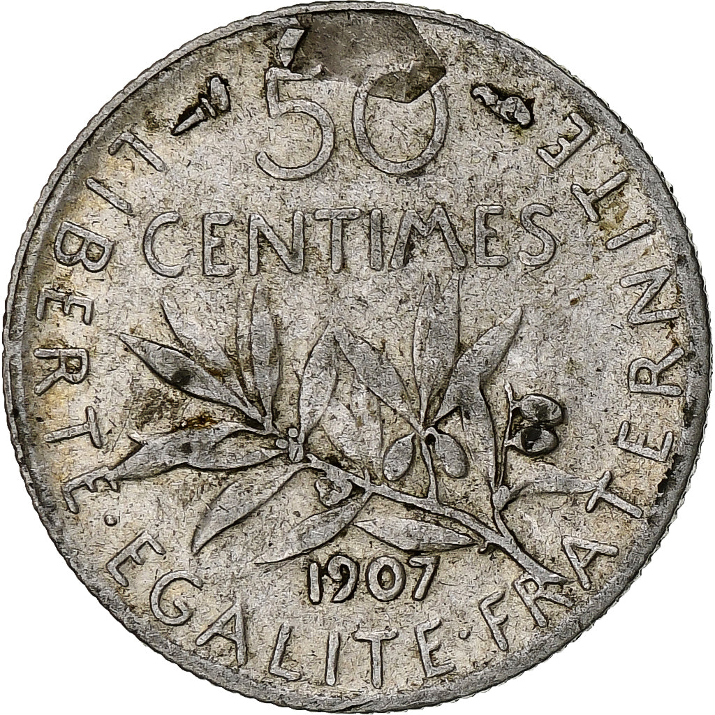 Moneda, Francia, Semeuse, 50 Centimes, 1907, Paris, BC+, Plata, KM:854