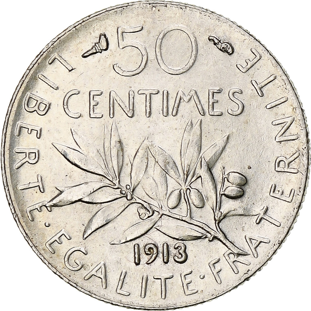 France, 50 Centimes, Semeuse, 1913, Paris, Silver, MS(60-62), Gadoury:420