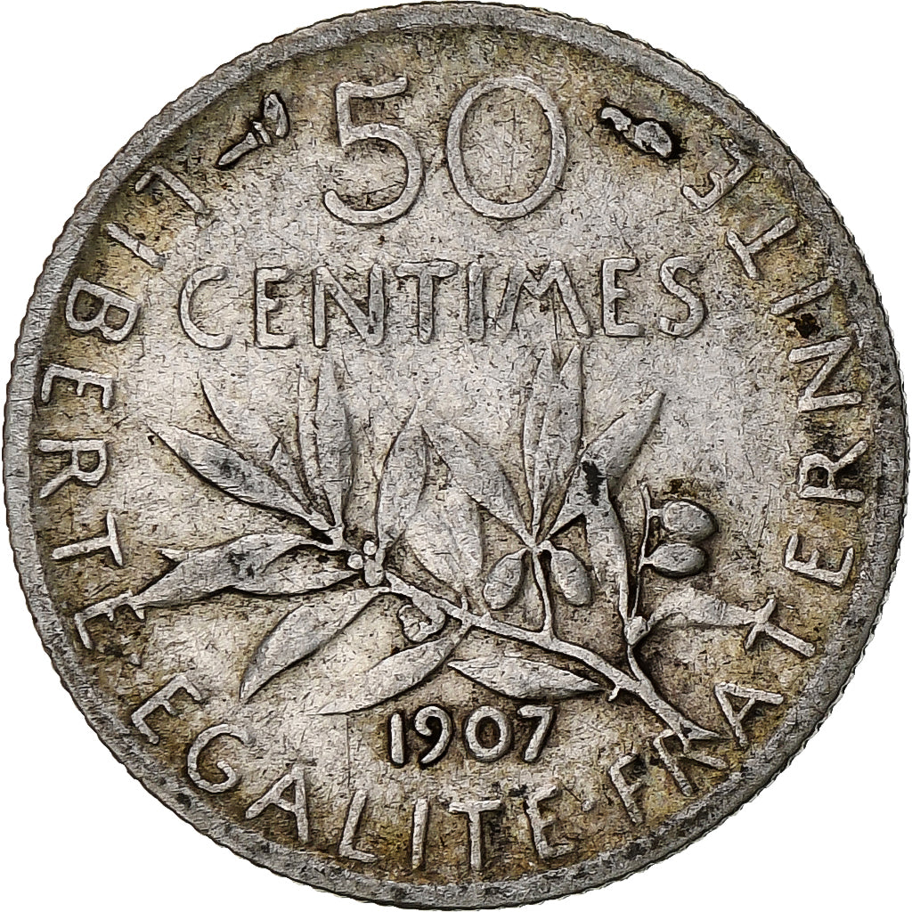 Moneda, Francia, Semeuse, 50 Centimes, 1907, Paris, BC+, Plata, KM:854