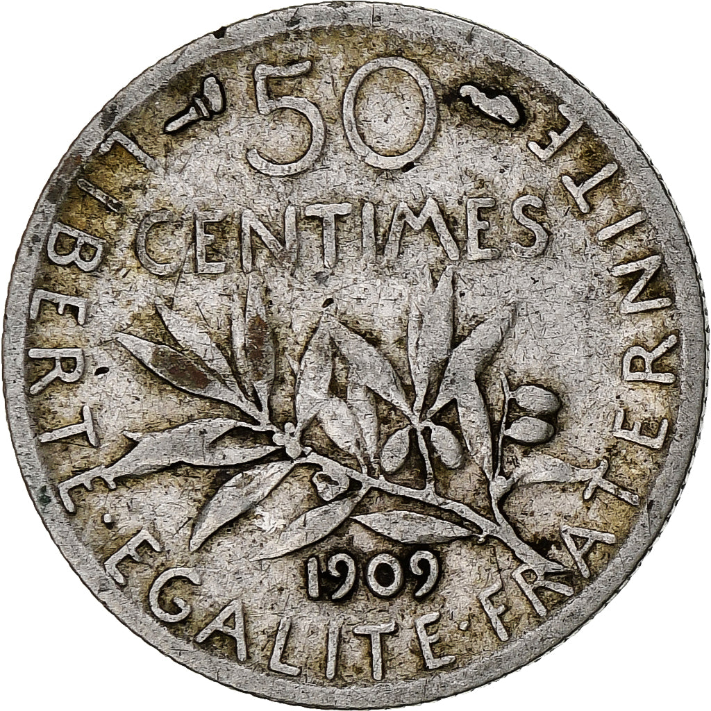 Moneda, Francia, Semeuse, 50 Centimes, 1909, Paris, BC+, Plata, KM:854