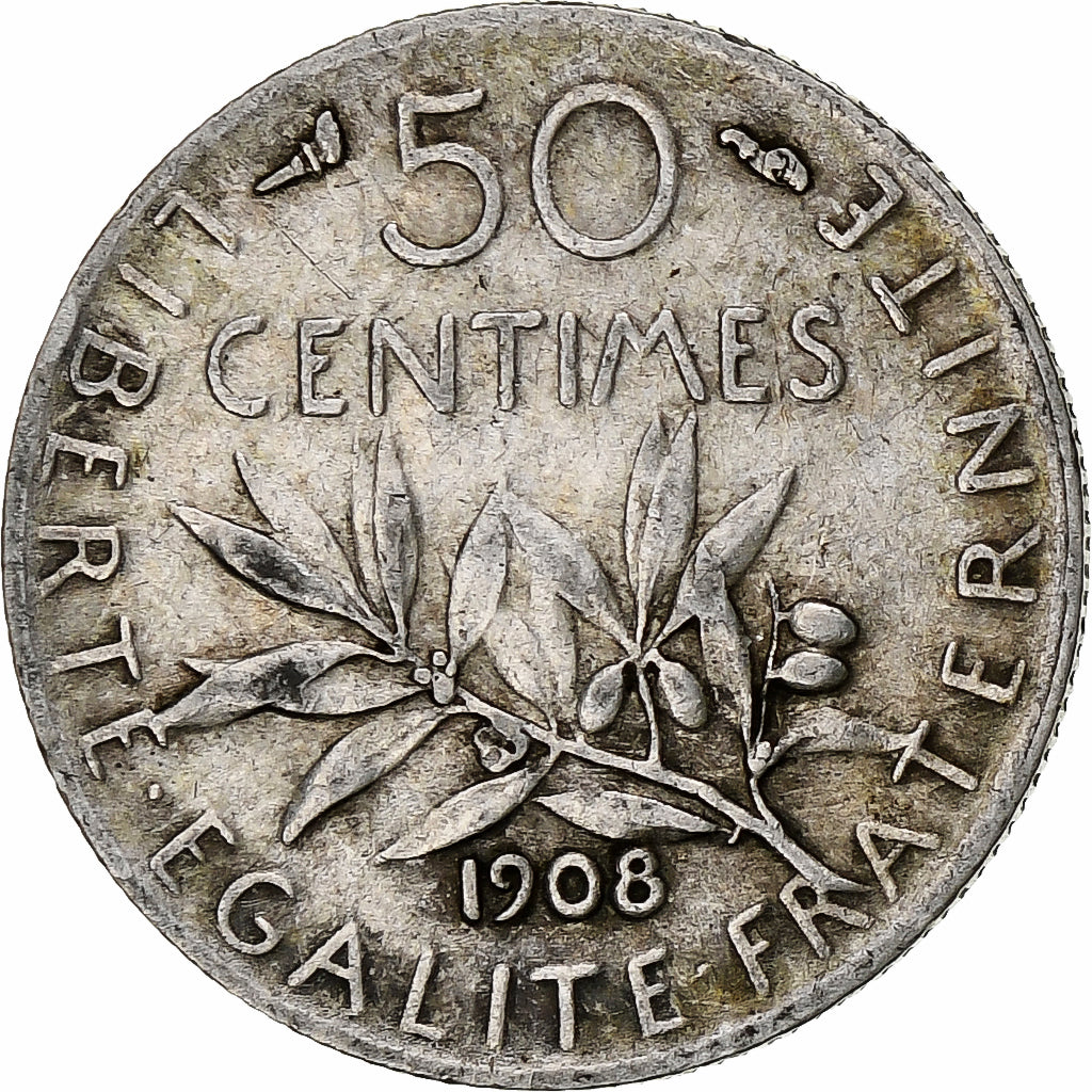 Coin, France, Semeuse, 50 Centimes, 1908, Paris, VF(30-35), Silver, KM:854