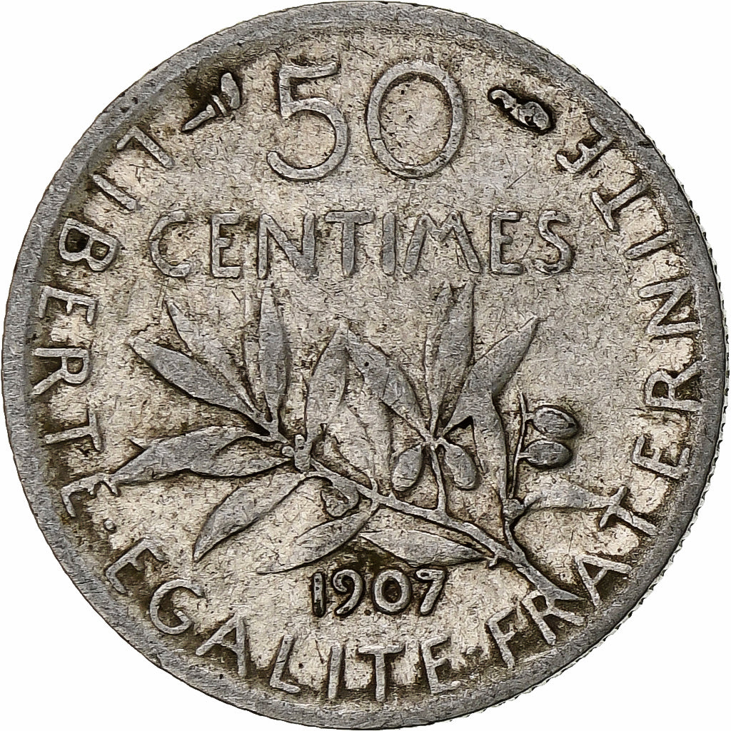 Moneda, Francia, Semeuse, 50 Centimes, 1907, Paris, BC+, Plata, KM:854