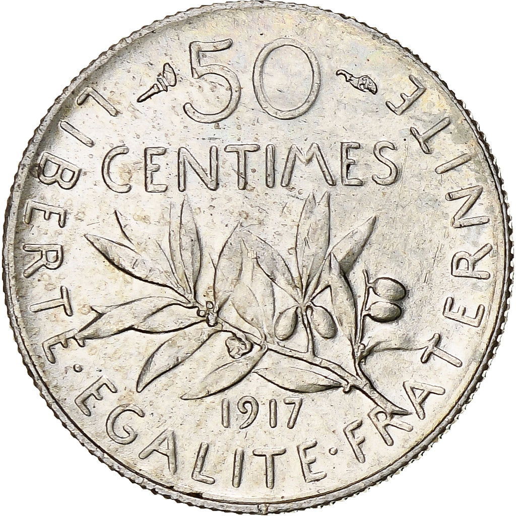 France, Semeuse, 50 Centimes, 1917, Paris, MS(60-62), Silver, KM:854, Gadoury420