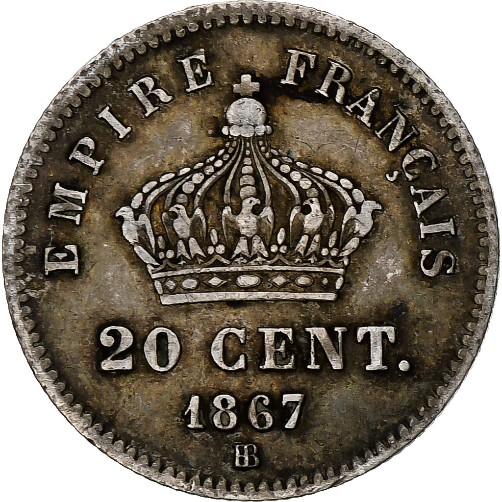 France, Napoleon III, 20 Centimes, Napoléon III, 1867, Strasbourg, Silver