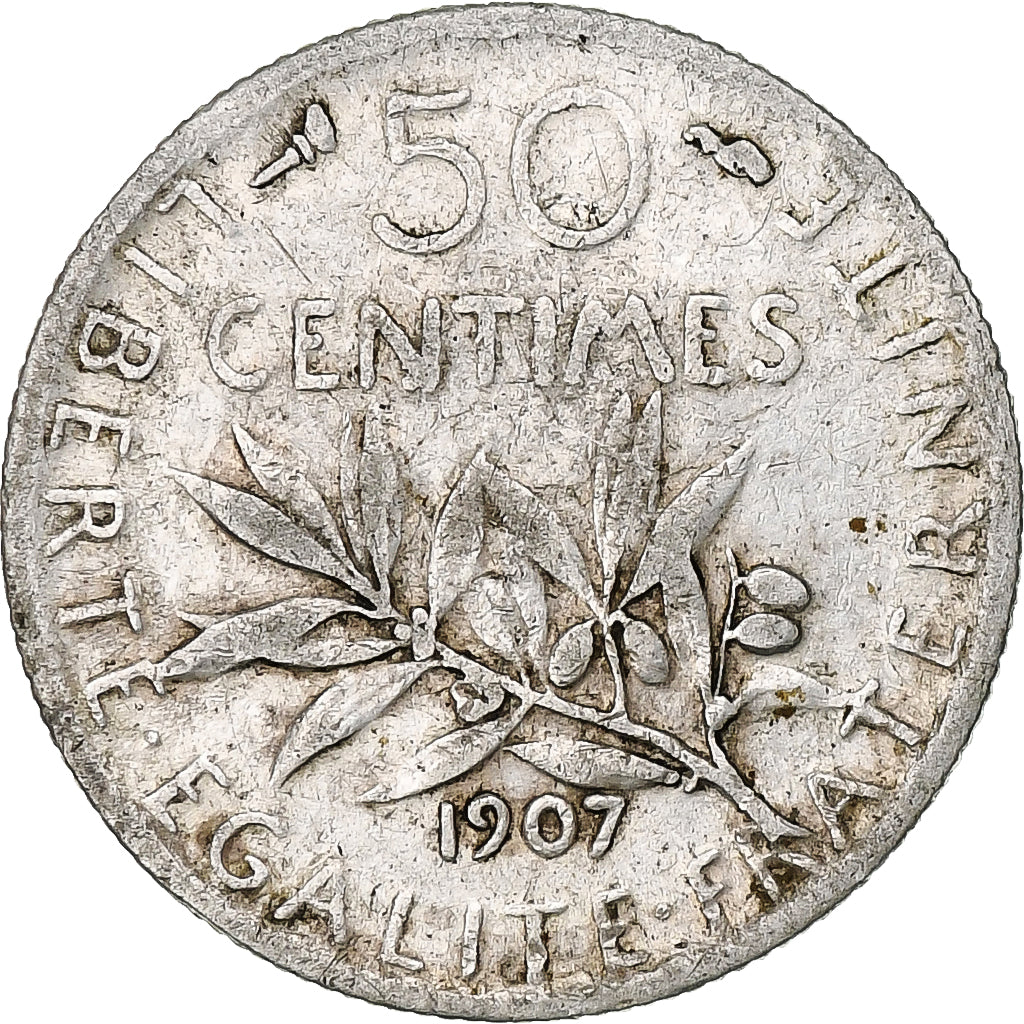 Moneda, Francia, Semeuse, 50 Centimes, 1907, Paris, BC+, Plata, KM:854