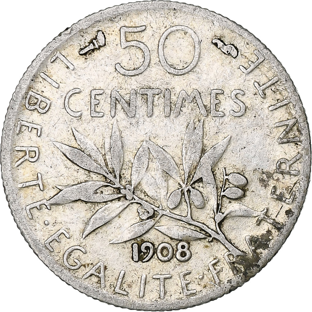 Coin, France, Semeuse, 50 Centimes, 1908, Paris, EF(40-45), Silver, KM:854