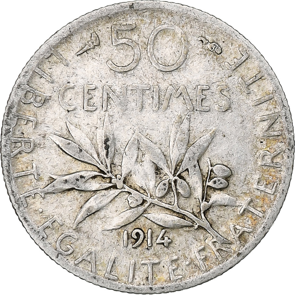 Francia, 50 Centimes, Semeuse, 1914, Paris, Plata, MBC, Gadoury:420, KM:854