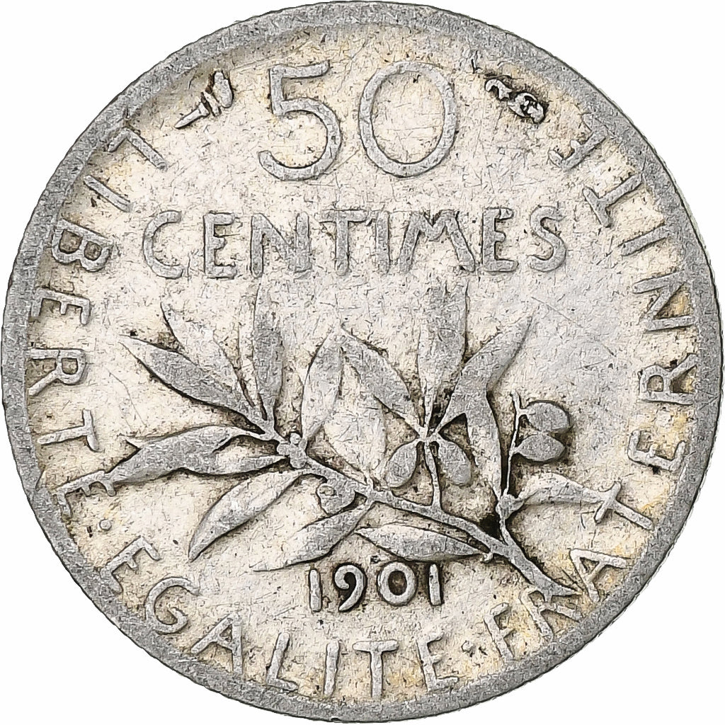 Francia, 50 Centimes, Semeuse, 1901, Paris, Plata, BC+, Gadoury:420, KM:854