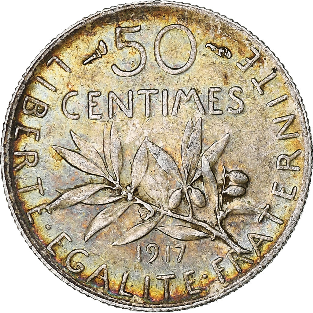Munten, Frankrijk, Semeuse, 50 Centimes, 1917, Paris, ZF+, Zilver, KM:854