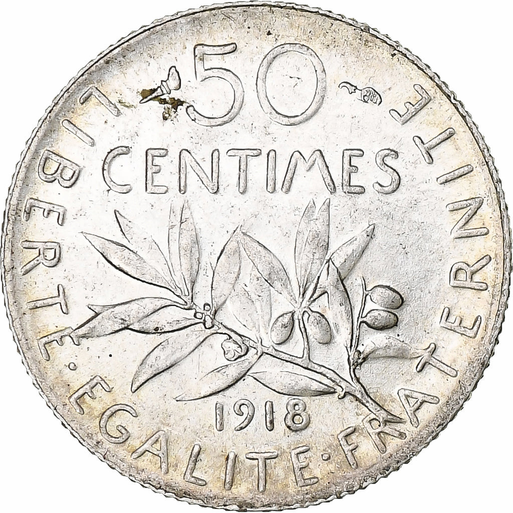 France, 50 Centimes, Semeuse, 1918, Paris, Silver, AU(50-53), Gadoury:420