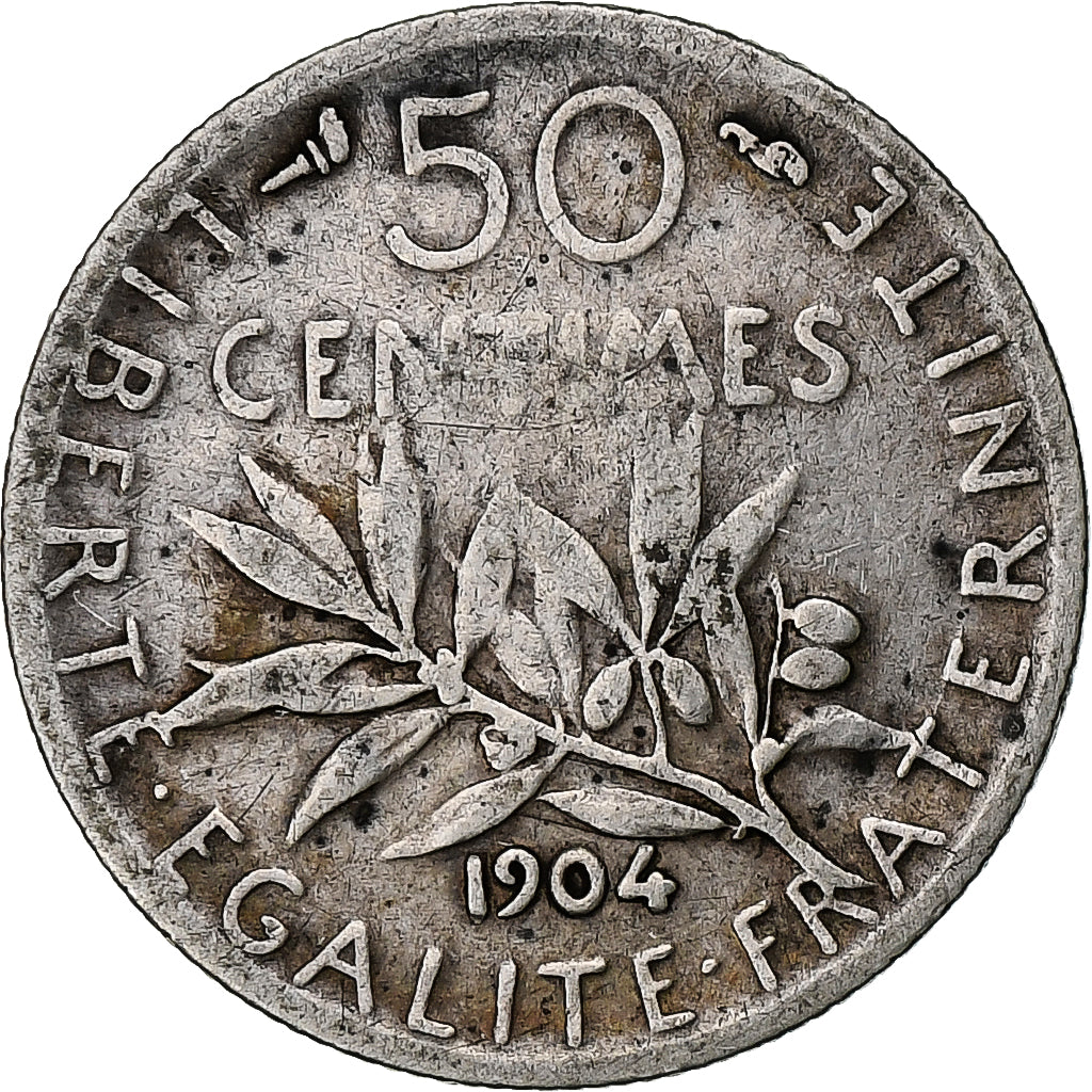 Francia, 50 Centimes, Semeuse, 1904, Paris, Plata, BC+, Gadoury:420, KM:854