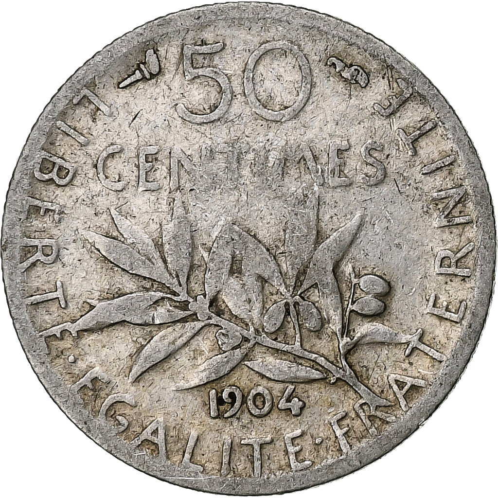 Francia, 50 Centimes, Semeuse, 1904, Paris, Plata, BC+, Gadoury:420, KM:854