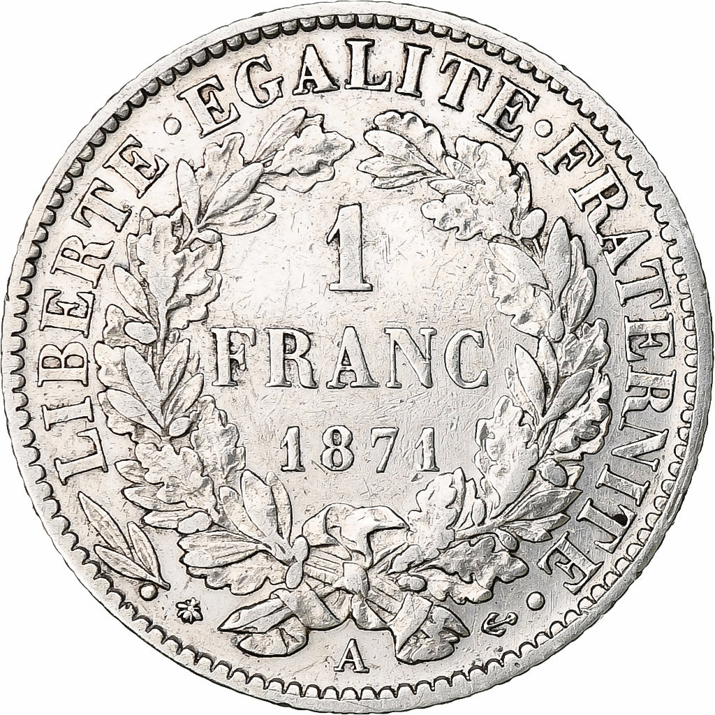 France, Franc, Cérès, 1871, Paris, Silver, EF(40-45), Gadoury:465, KM:822.1