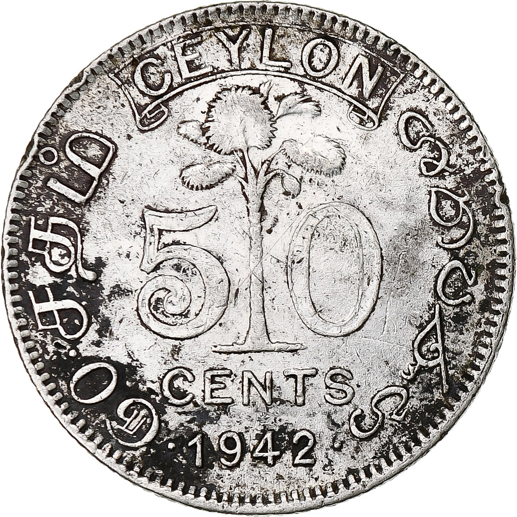 Ceylon, George VI, 50 Cents, 1942, Silver, VF(30-35), KM:114