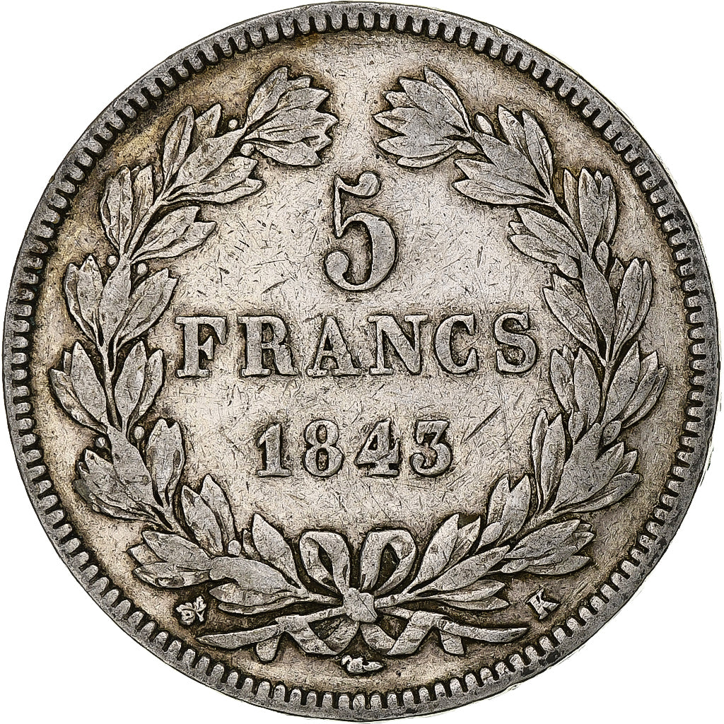 Coin, France, Louis-Philippe, 5 Francs, 1843, Bordeaux, VF(30-35), Silver