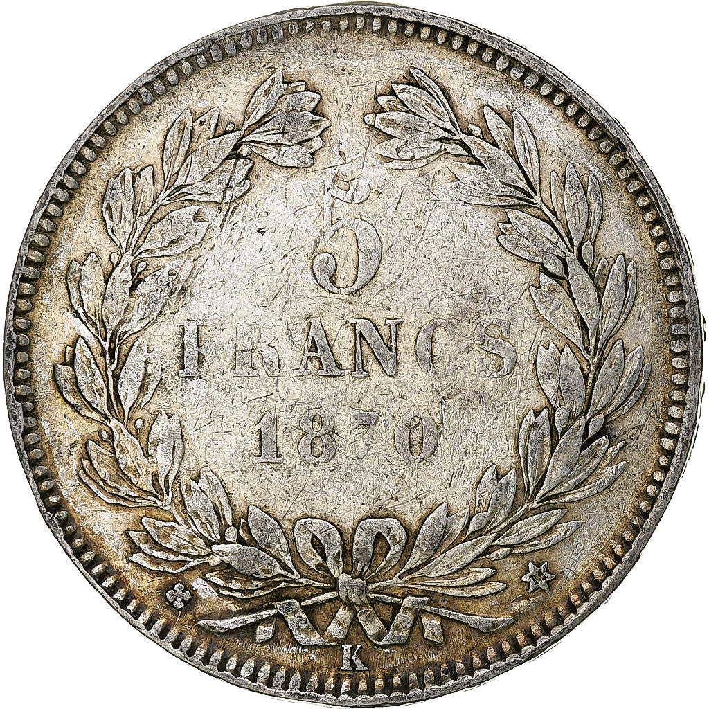 Frankreich, Cérès, 5 Francs, 1870, Bordeaux, VF(20-25), Silver, KM:818.2
