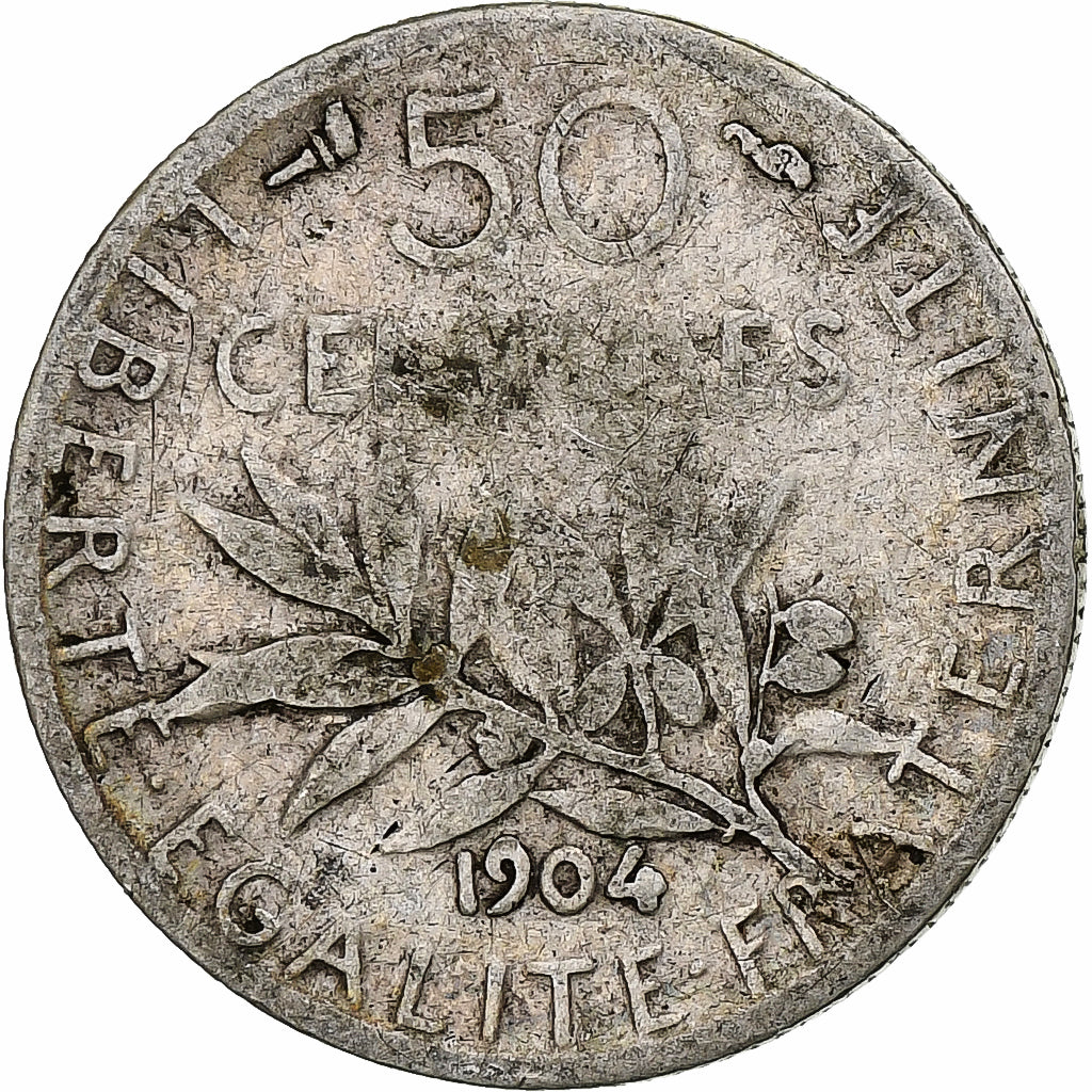 Francia, 50 Centimes, Semeuse, 1904, Paris, Plata, BC+, Gadoury:420, KM:854