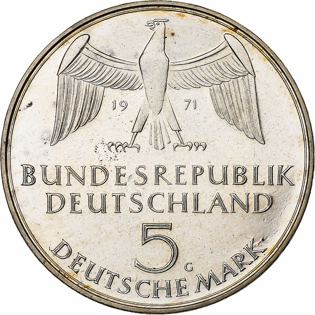 GERMANIA - REPUBBLICA FEDERALE, 5 Mark, 1971, Karlsruhe, Argento, SPL, KM:128.1