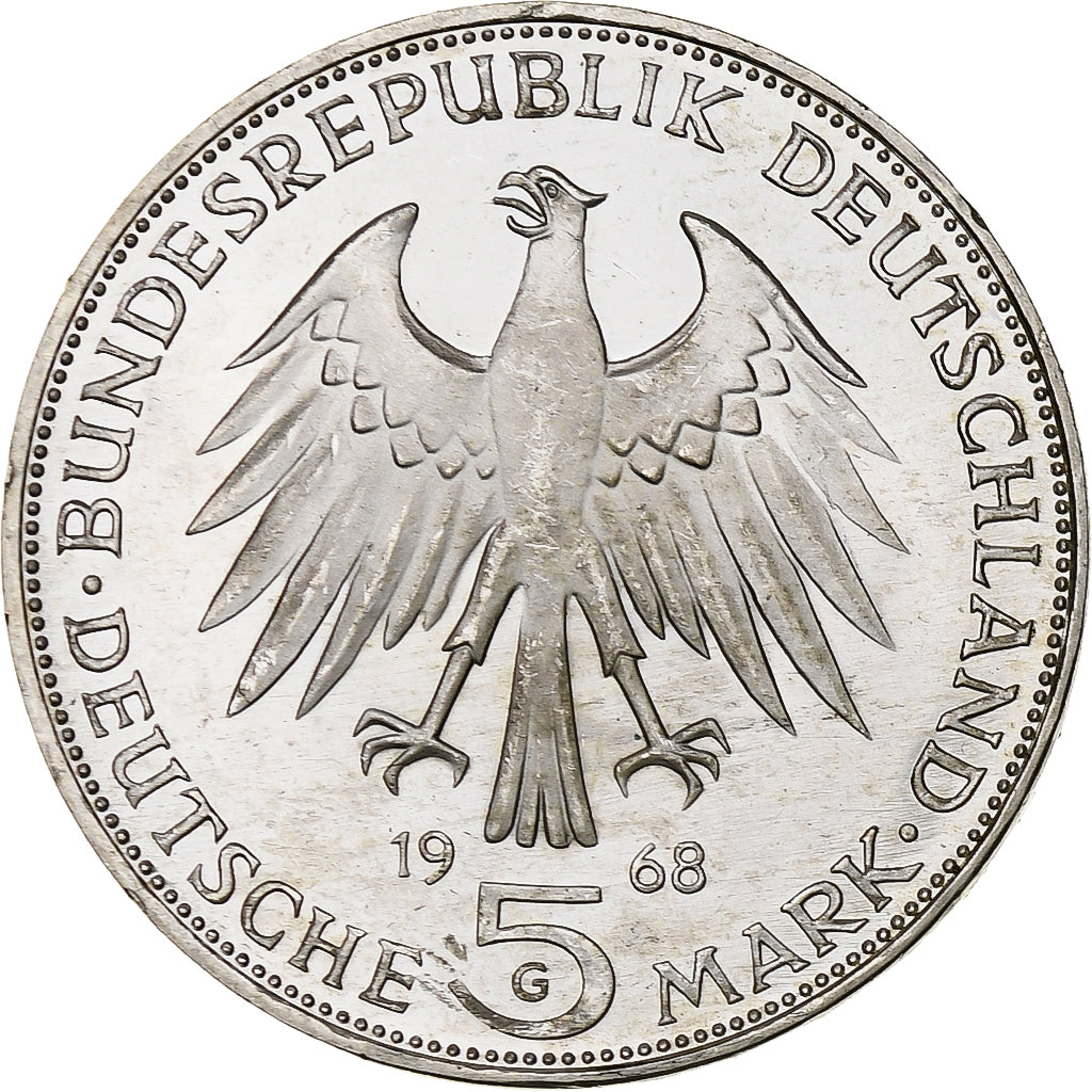 GERMANIA - REPUBBLICA FEDERALE, 5 Mark, 1968, Karlsruhe, Argento, SPL, KM:122