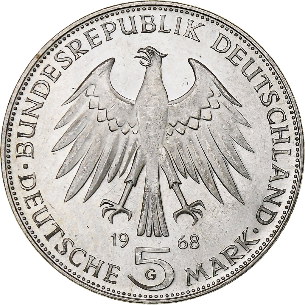 GERMANY - FEDERAL REPUBLIC, 5 Mark, 1968, Karlsruhe, Silver, MS(60-62), KM:122