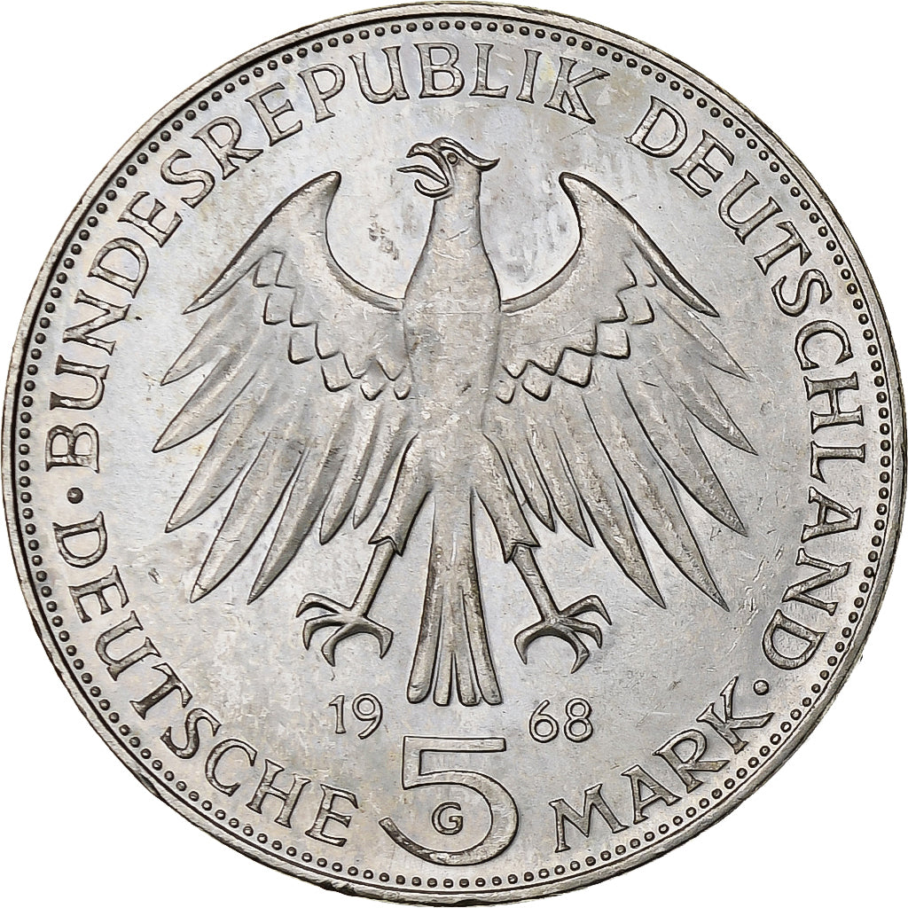 GERMANIA - REPUBBLICA FEDERALE, 5 Mark, 1968, Karlsruhe, Argento, SPL, KM:122