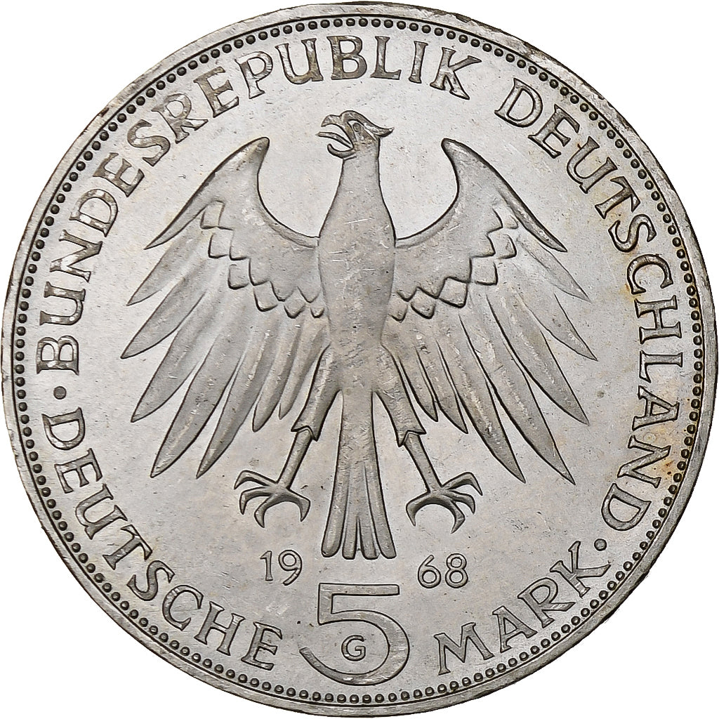 République fédérale allemande, 5 Mark, 1968, Karlsruhe, Argent, SUP, KM:122