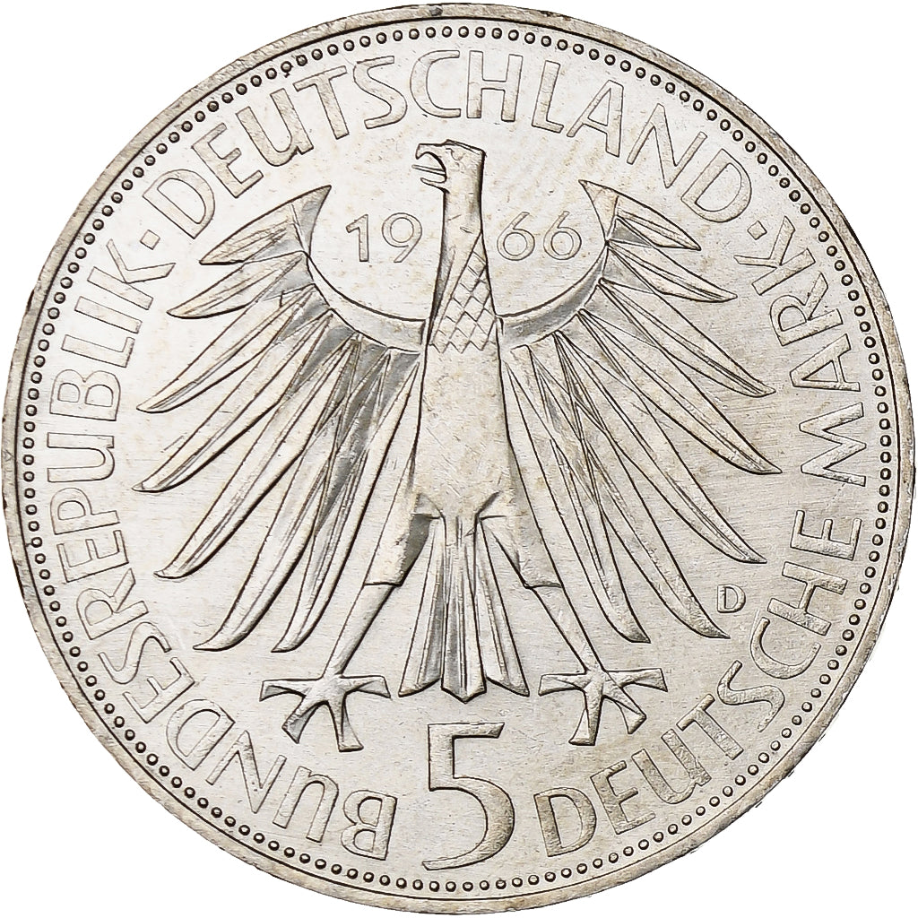 ALEMANIA - REPÚBLICA FEDERAL, 5 Mark, 1966, Munich, Plata, EBC+, KM:119.1